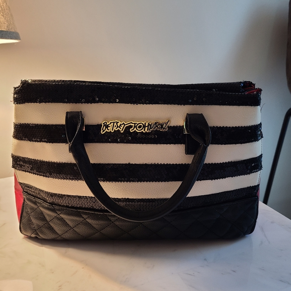 Betsey Johnson Black Cream Red Sequin Handbag EUC